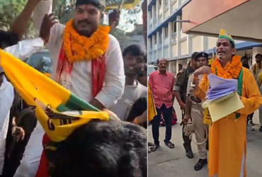 તેજપ્રતાપની પાર્ટીના ઉમેદવારોનો અનોખો અંદાજ, કોઈ ભેંસ પર તો કોઈ હાથકડીમાં ઉમેદવારી નોંધાવા પહોંચ્યું