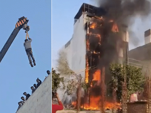 વૃંદાવનમાં ઉદ્ઘાટનના દિવસે જ સળગી હોટલ:ભીષણ આગમાં 40 લોકો ફસાયા, ક્રેનથી રેસ્ક્યુ ઓપરેશન હાથ ધરાયું; જુઓ તસવીરો